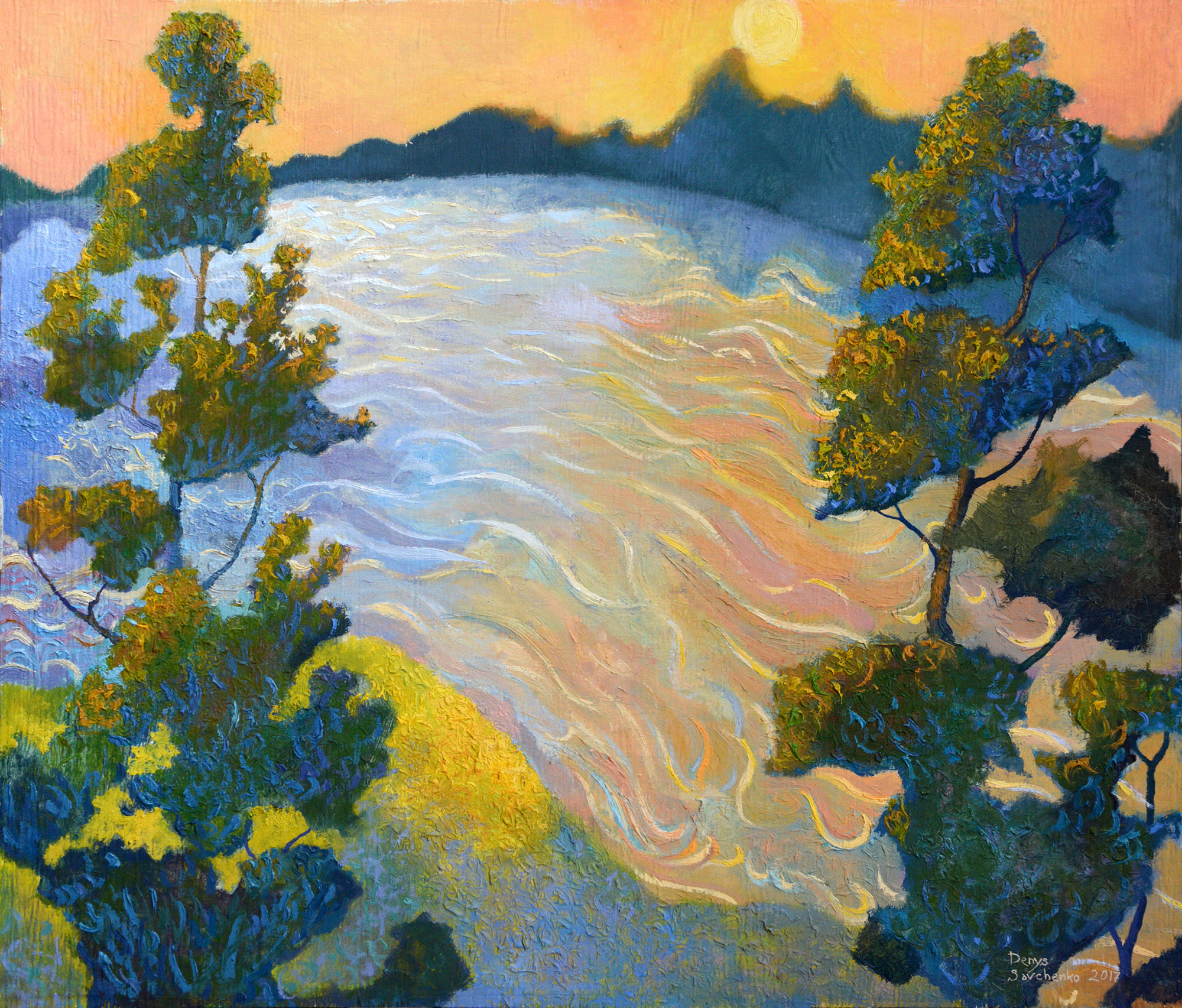 Denys Savchenko. Oil painting. Landscape. Evening. River.